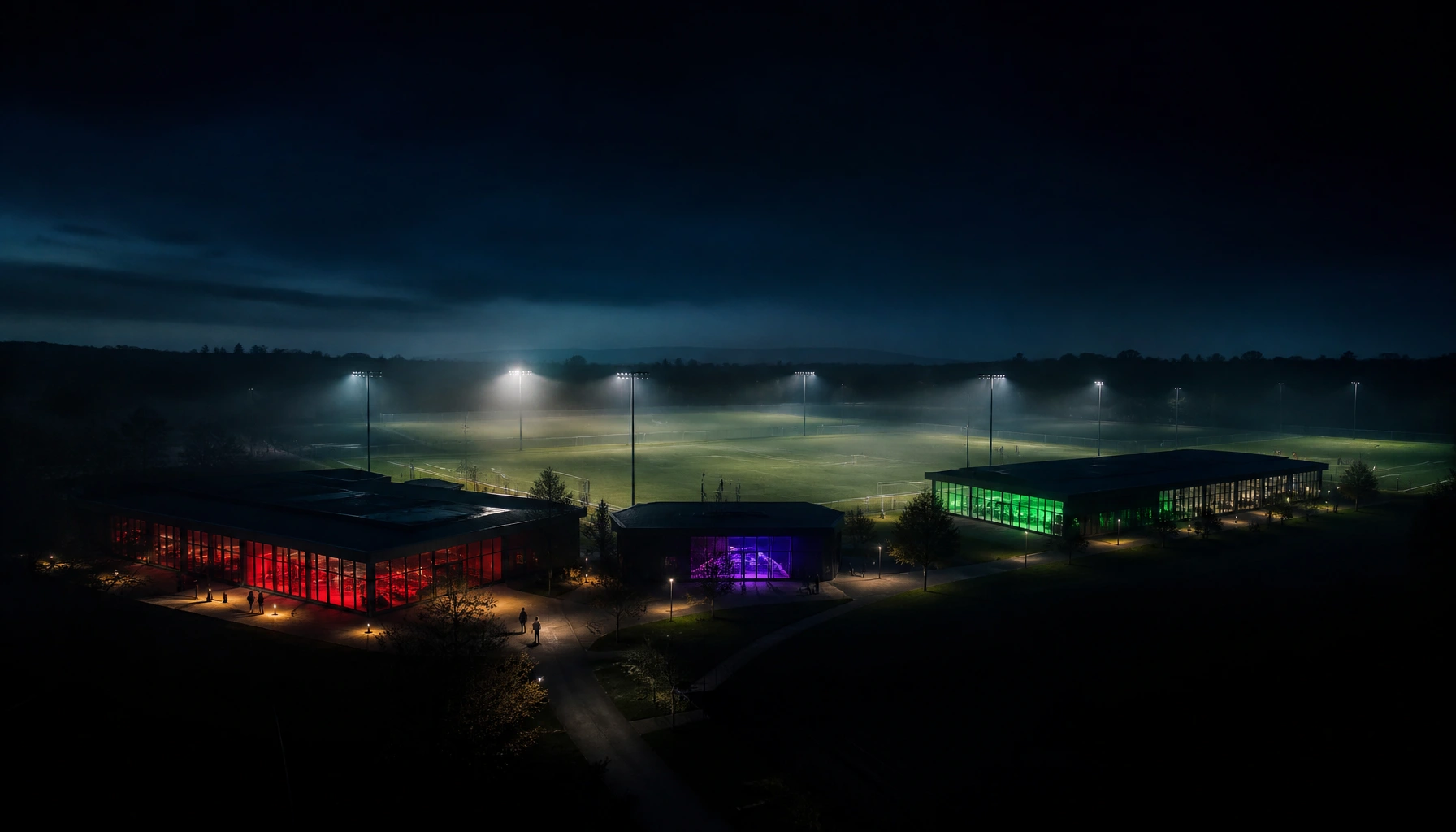 De KNVB Campus bij nacht, met verlichte velden en gebouwen in rood, paars en groen